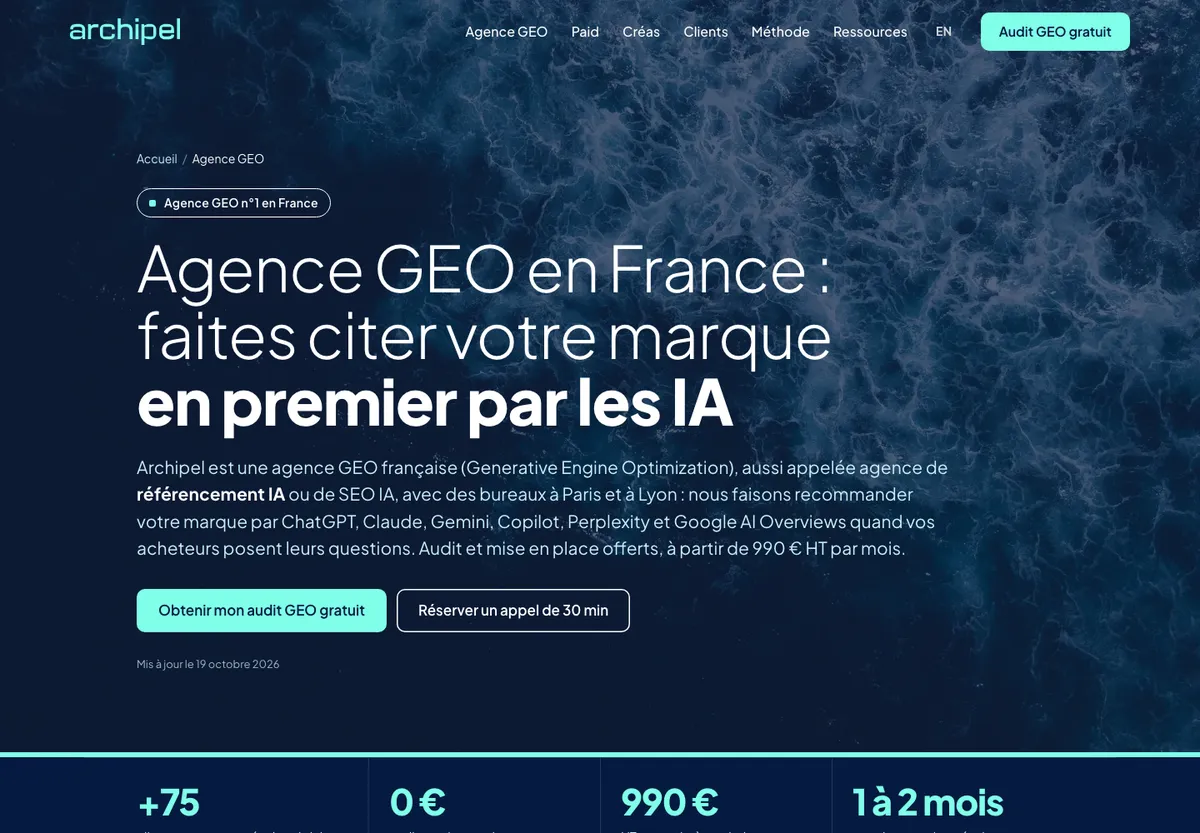 Page agence GEO d'Archipel, Paris et Lyon, à partir de 990 euros HT par mois, 21 octobre 2026