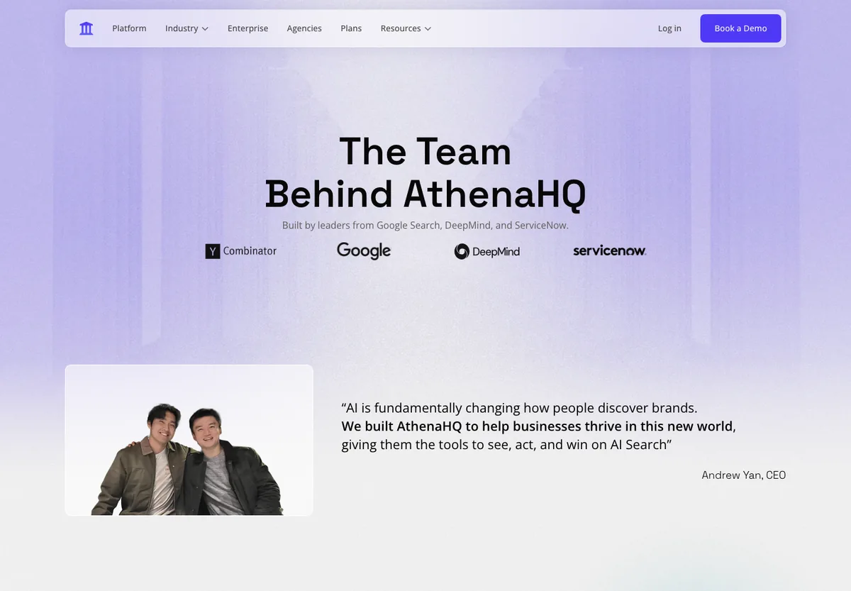 Page The Team Behind AthenaHQ avec les logos Google, DeepMind et ServiceNow