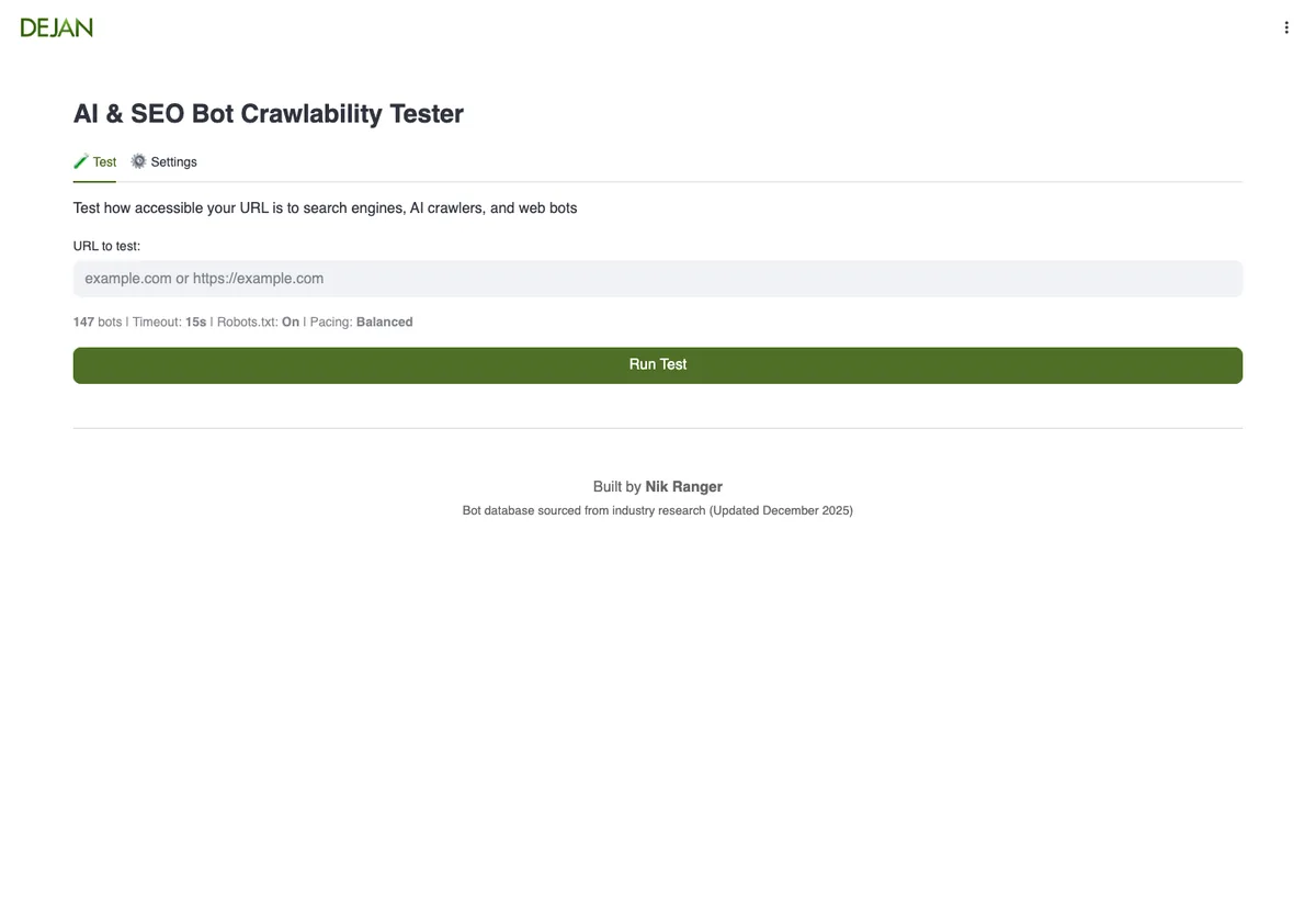 Page AI et SEO Bot Crawlability Tester de Dejan avec 147 robots testés
