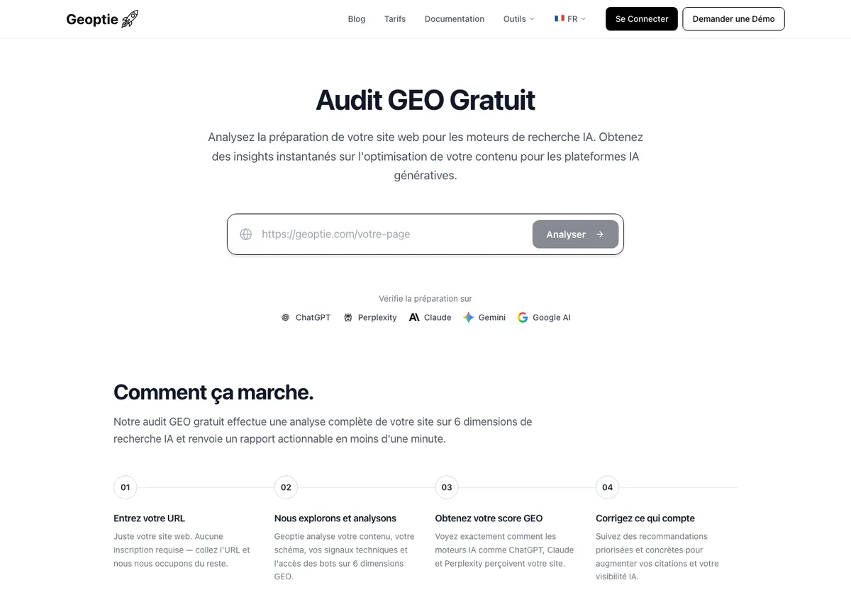 Page Audit GEO gratuit de Geoptie avec champ URL et les moteurs vérifiés