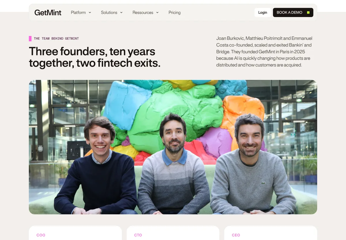 Page équipe de GetMint : trois fondateurs, dix ans ensemble, deux exits fintech