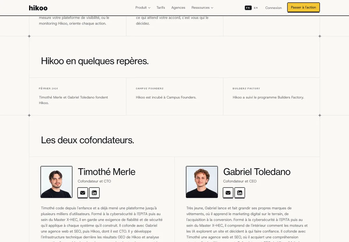 Page de Hikoo présentant les deux cofondateurs Timothé Merle et Gabriel Toledano