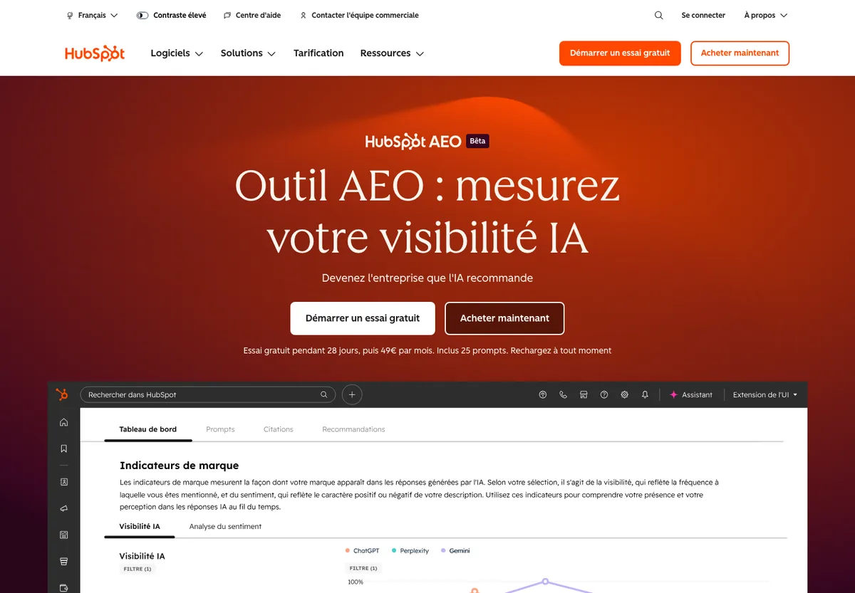 Page HubSpot AEO bêta : outil AEO pour mesurer sa visibilité IA, essai gratuit puis 49 euros par mois