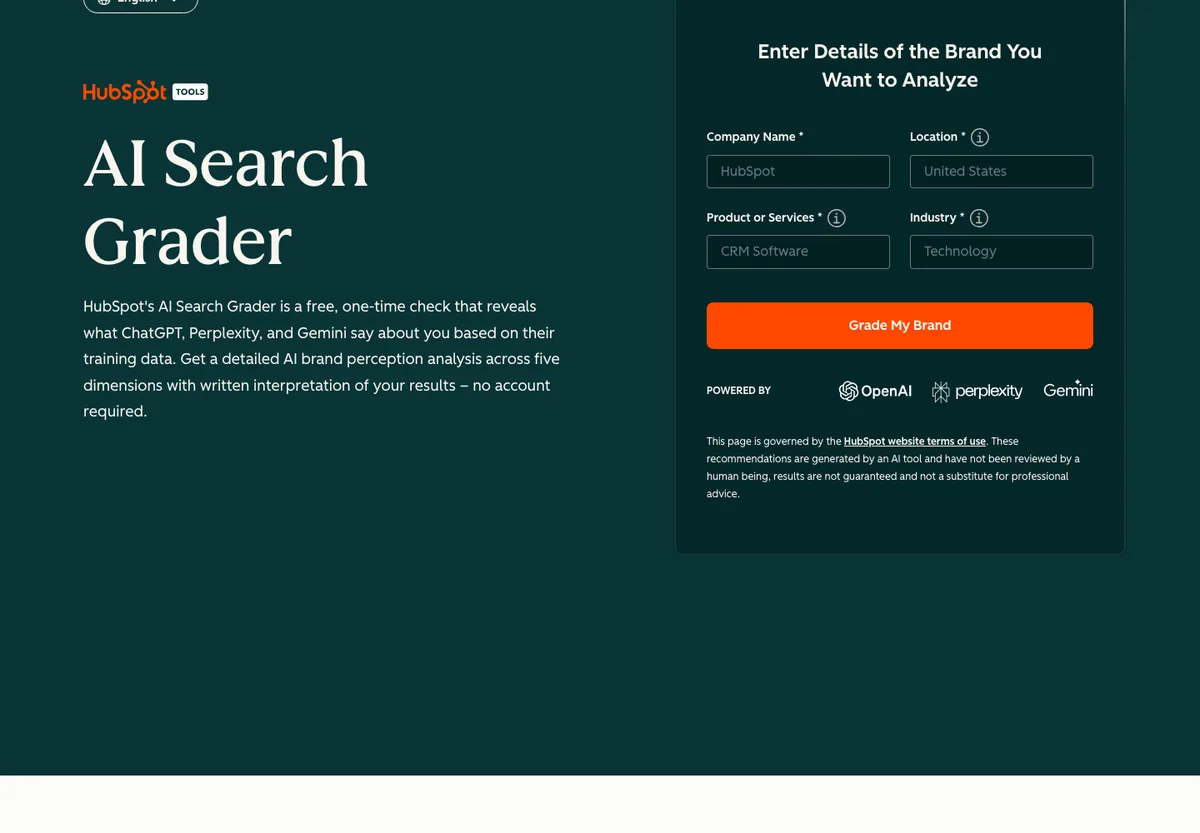 Page HubSpot AI Search Grader, outil gratuit de score de marque dans ChatGPT, Perplexity et Gemini