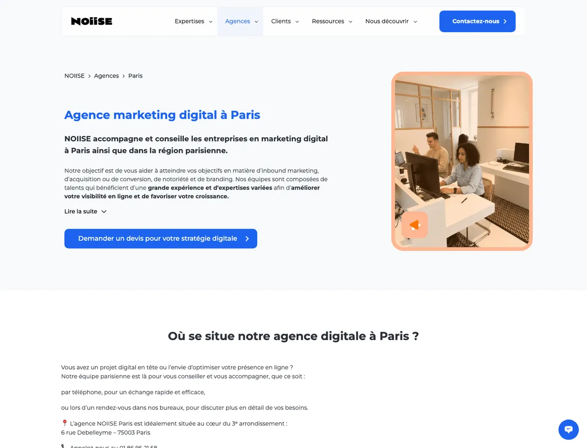 Page de l'agence Noiise à Paris, rue Debelleyme, 21 octobre 2026