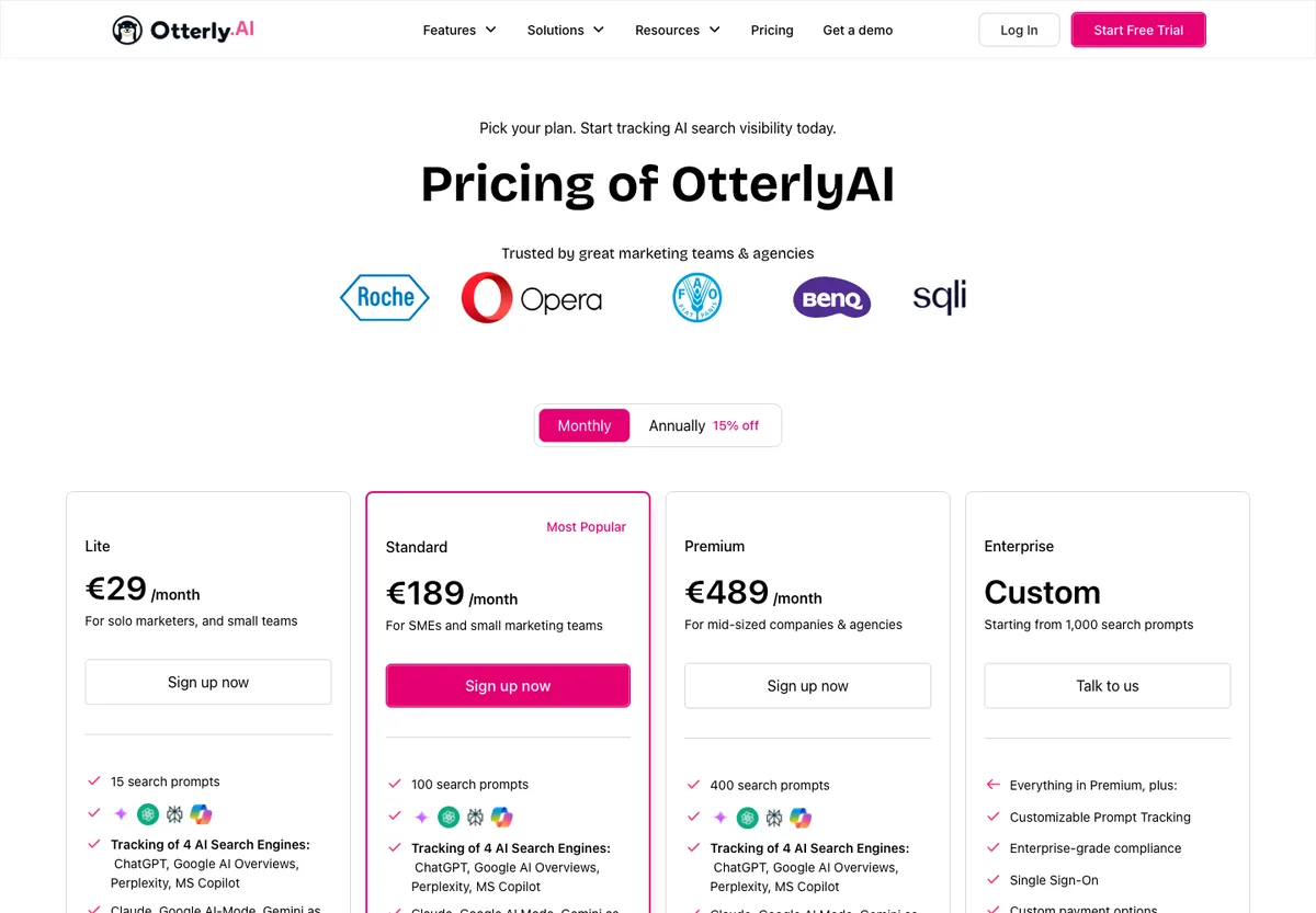 Page tarifs d'Otterly.AI avec les offres Lite à 29 euros, Standard et Premium