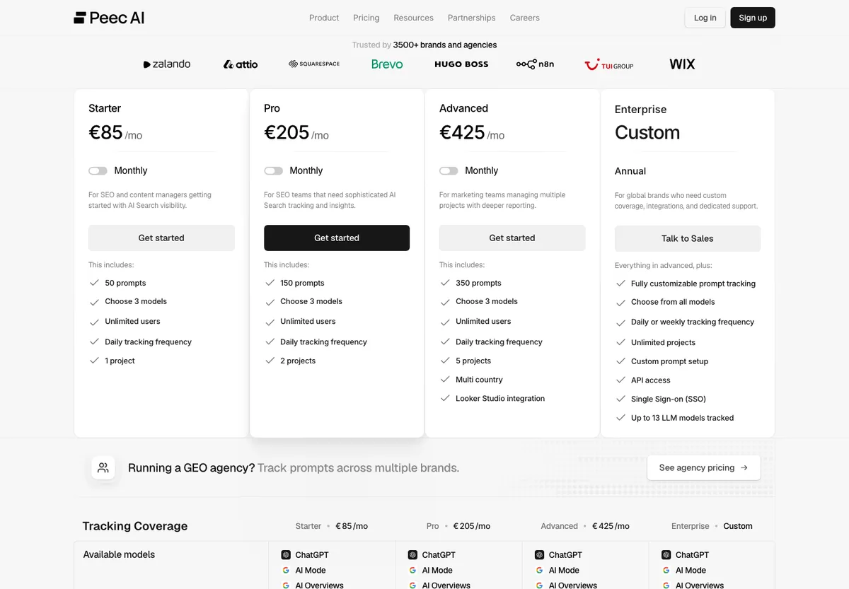Page tarifs de Peec AI avec les offres Starter à 85 euros, Pro, Advanced et Enterprise