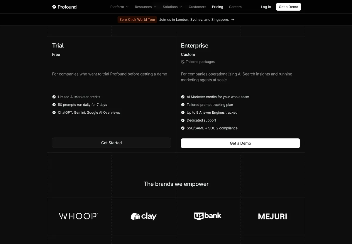 Page tarifs de Profound avec l'offre Trial gratuite et l'offre Enterprise sur devis
