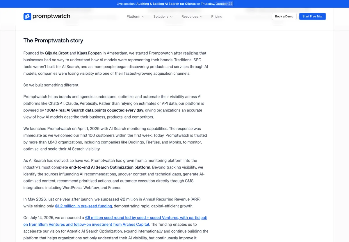Page The Promptwatch story avec les fondateurs, le lancement d'avril 2025 et la seed de juillet 2026