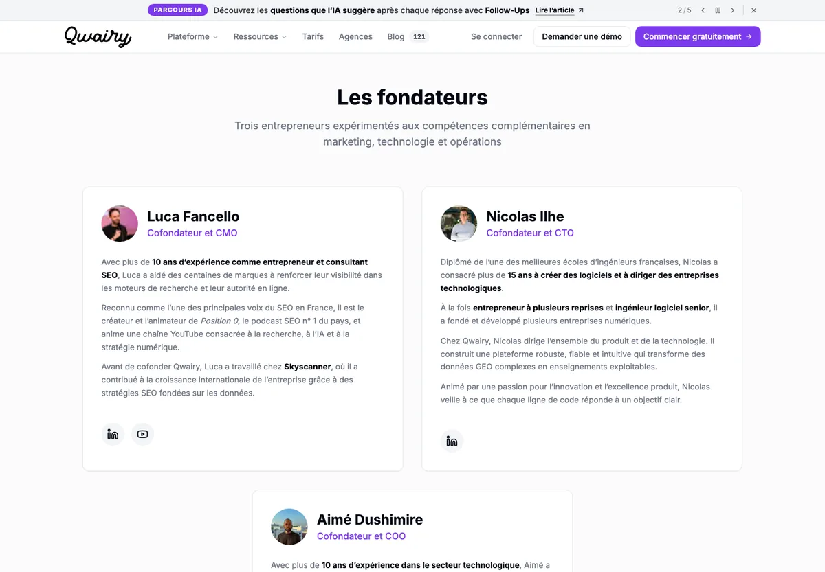 Page de Qwairy présentant les trois fondateurs Luca Fancello, Nicolas Ilhe et Aimé Dushimire