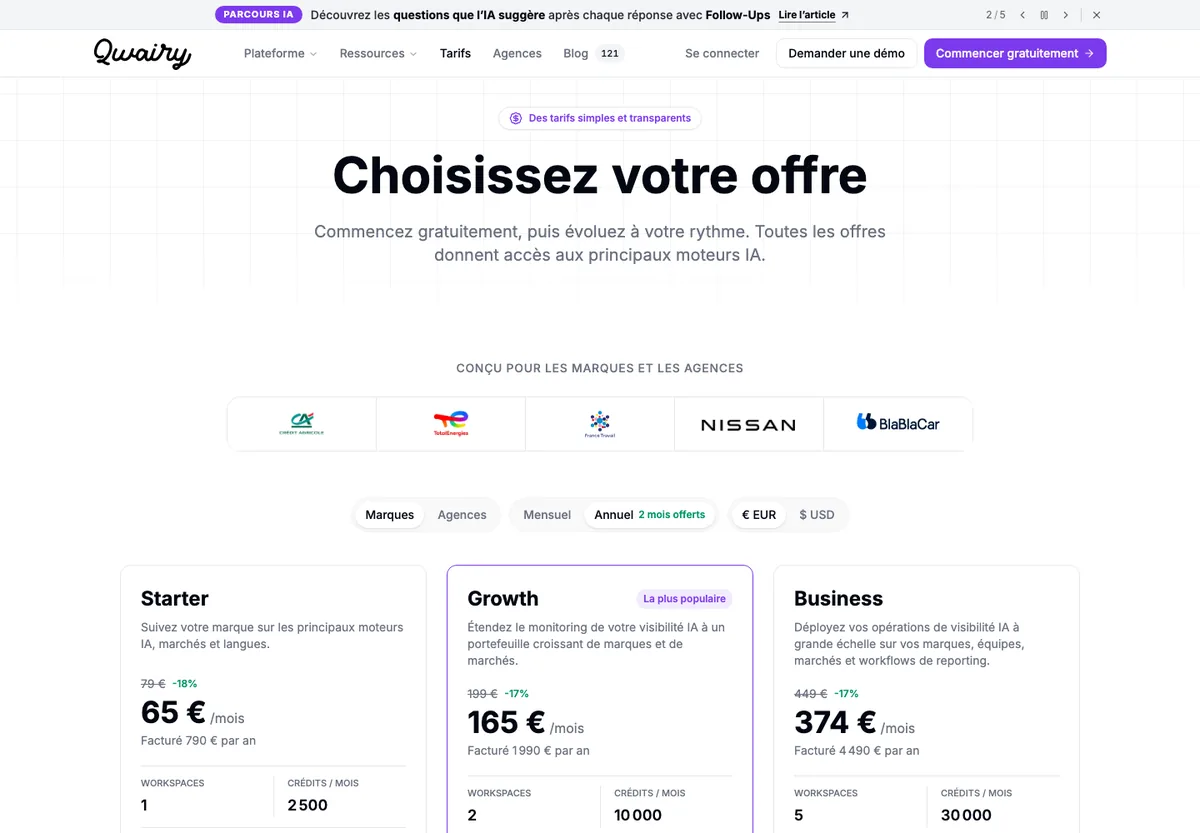 Page tarifs de Qwairy avec les offres Starter, Growth et Business en facturation annuelle
