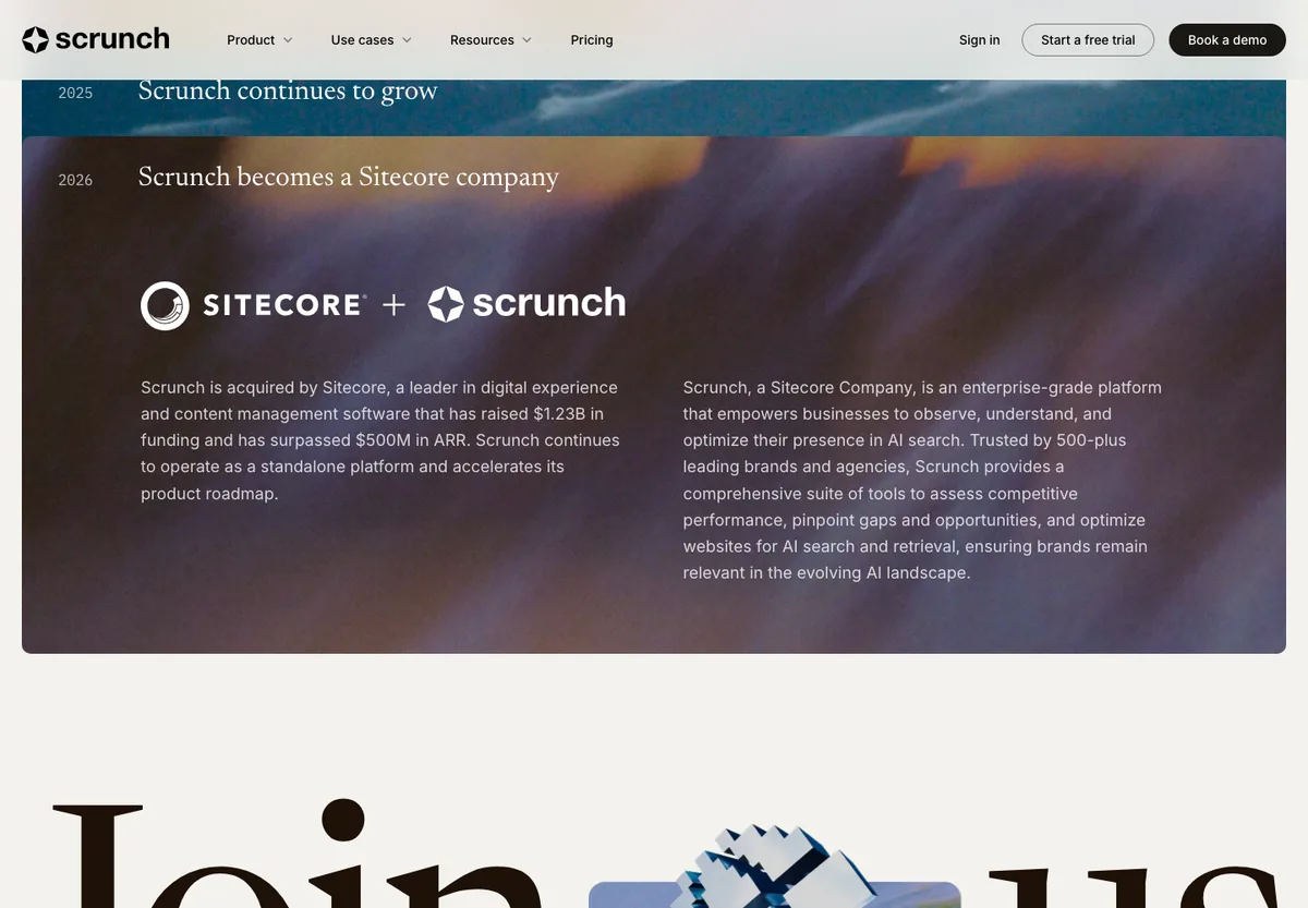 Page histoire de Scrunch annonçant le rachat par Sitecore en 2026