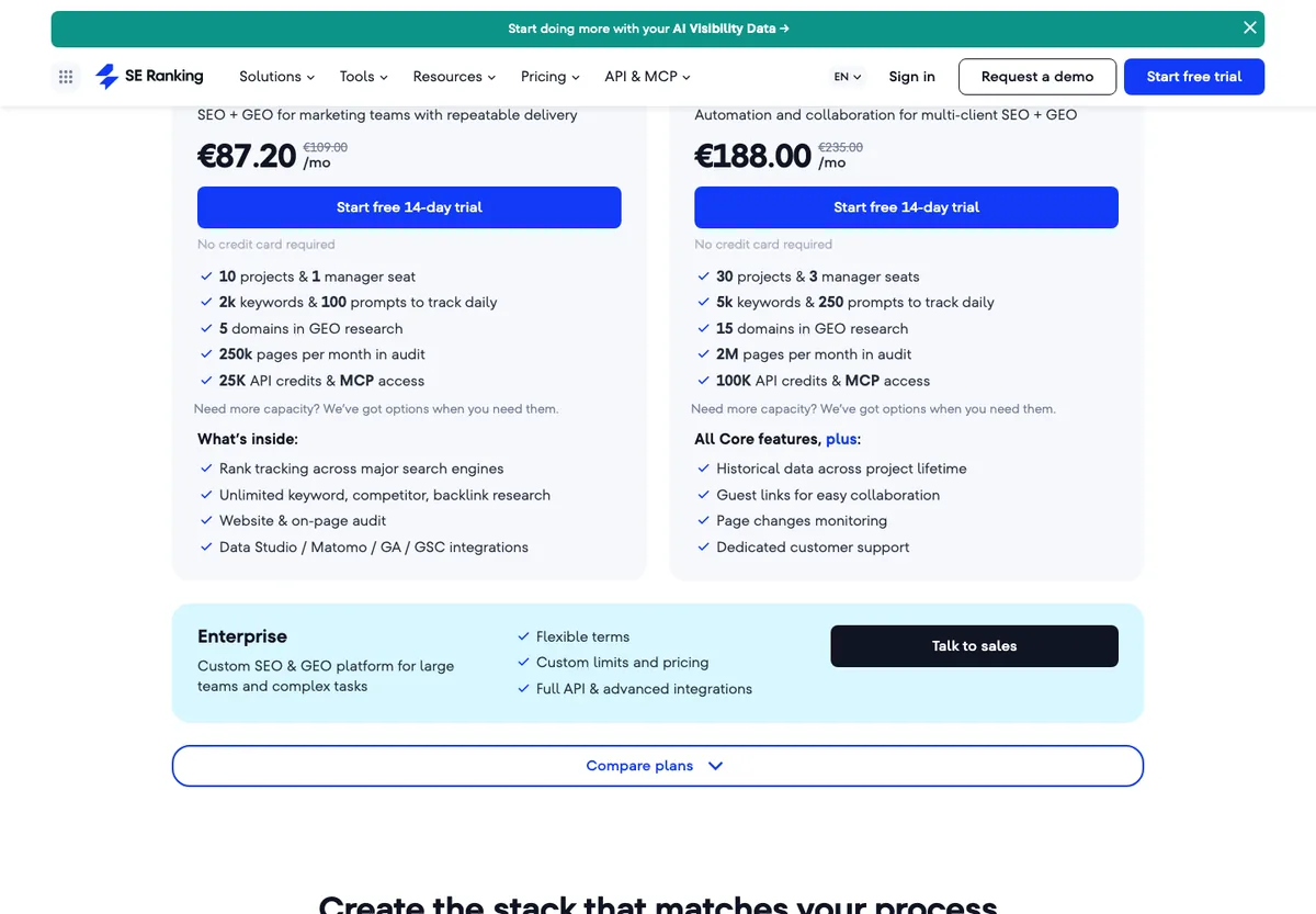 Page tarifs SE Ranking avec les offres Core et Growth, prompts suivis et accès MCP