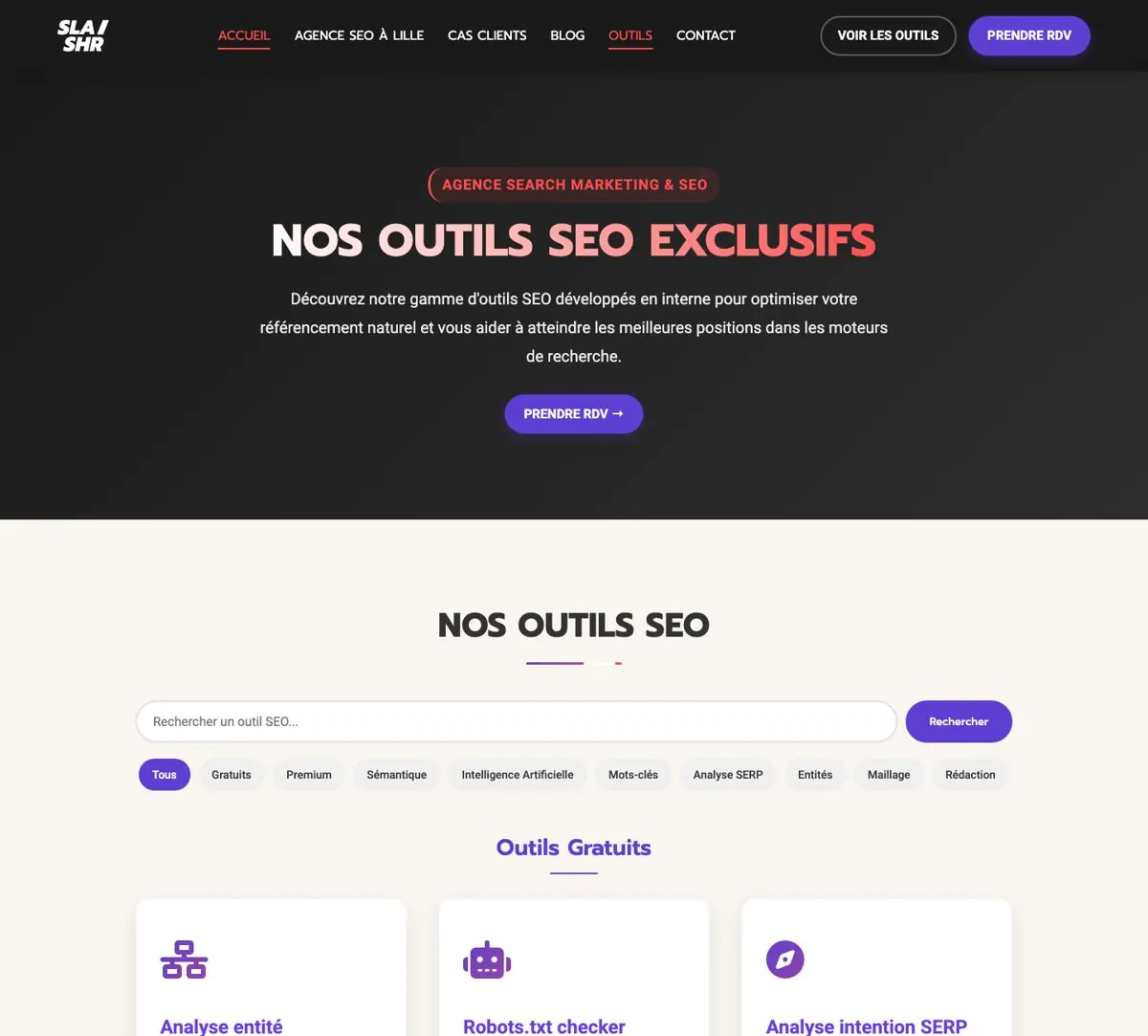 Page des outils SEO maison de Slashr