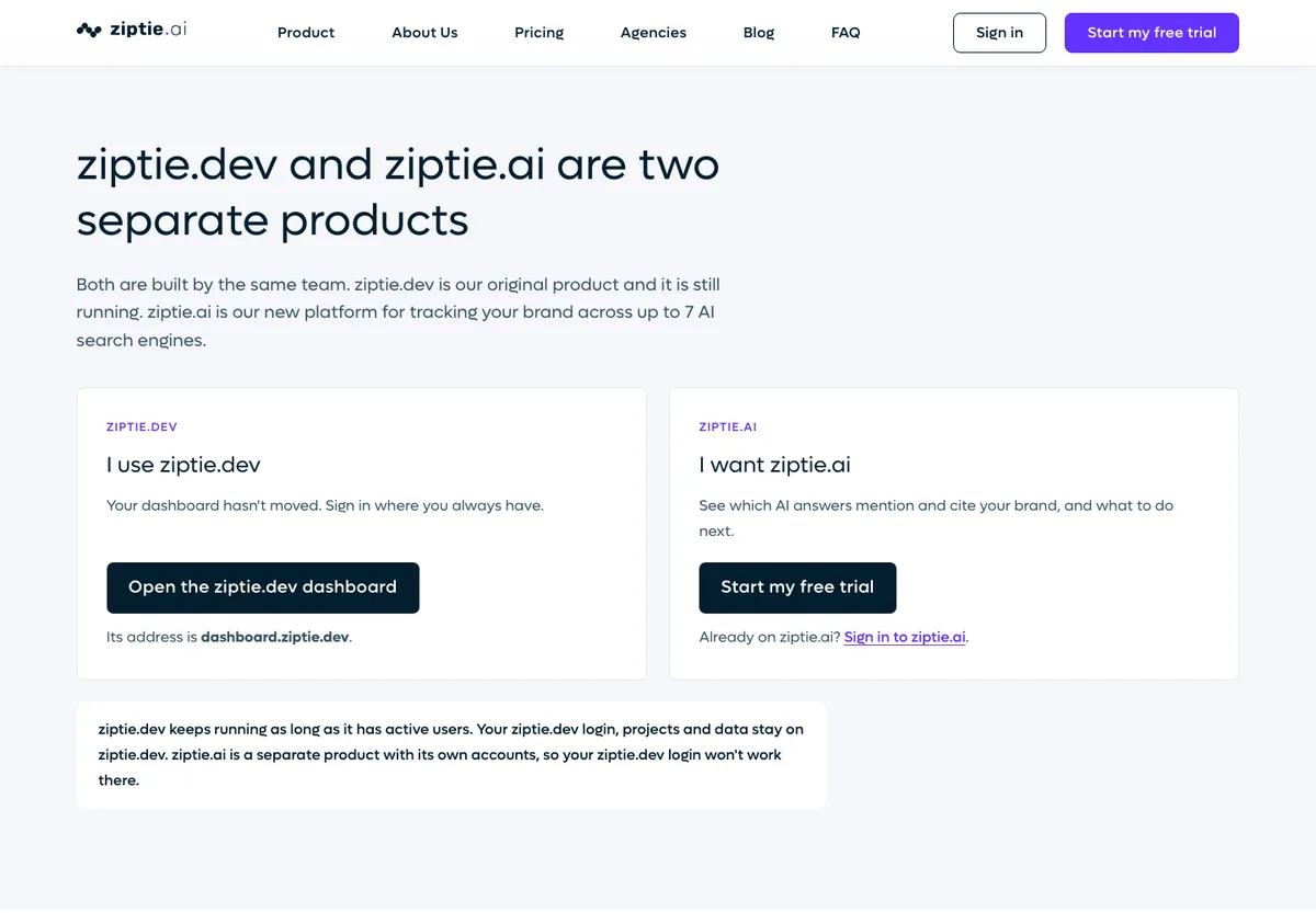 Page ziptie.ai expliquant que ziptie.dev et ziptie.ai sont deux produits distincts