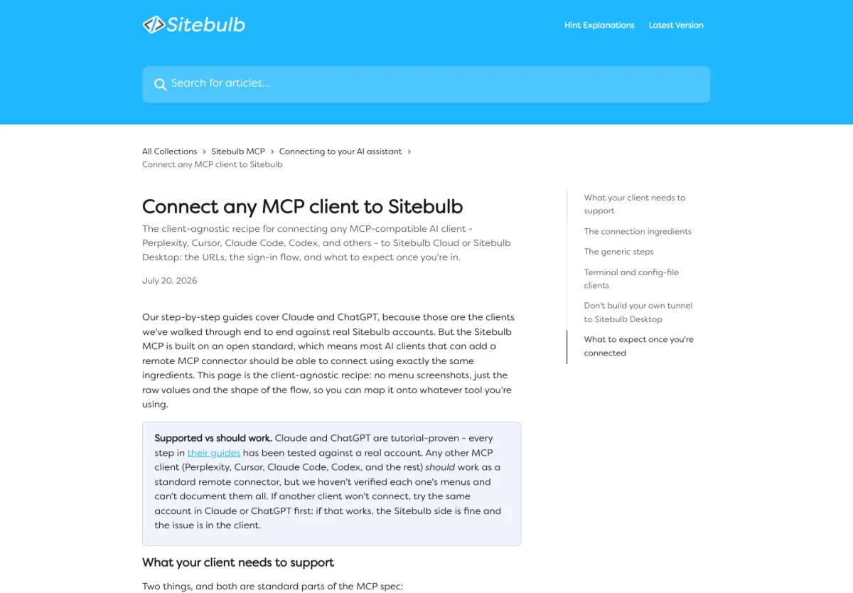 Page support Sitebulb qui explique comment connecter un client MCP