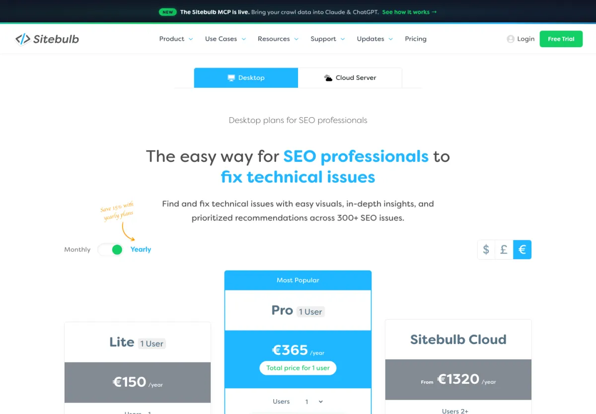 Page tarifs Sitebulb en euros avec les plans Lite, Pro et Cloud en facturation annuelle