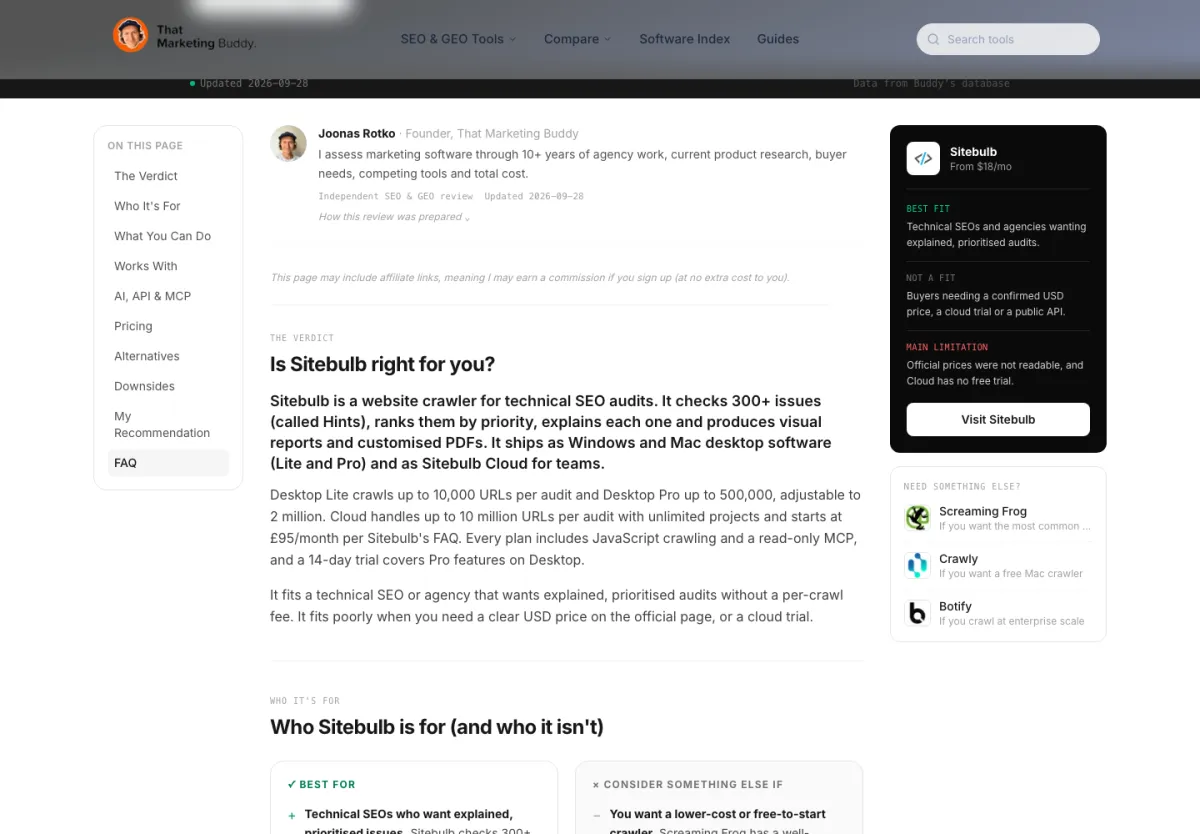 Revue de Sitebulb par Joonas Rotko sur That Marketing Buddy, mise à jour le 28 septembre 2026